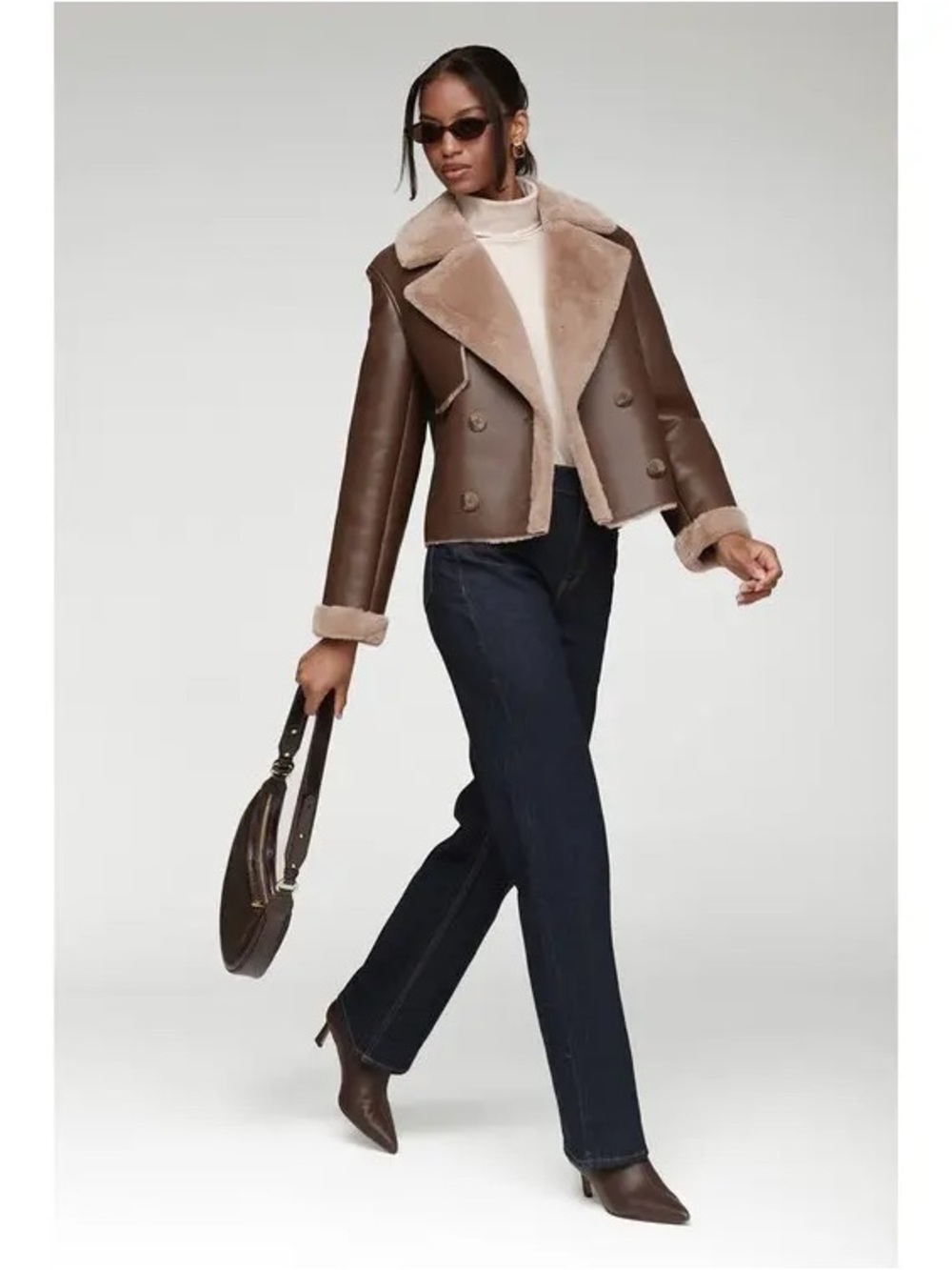 bagatelle Brown Shearling-Trim Leather Jacket